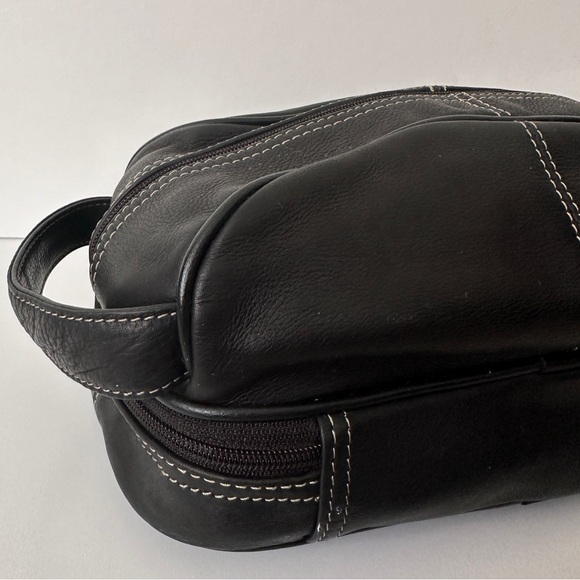 Fossil Mens Black Leather Toiletry Travel Bag Zip 2 Compartments Handle - Picture 5 of 13